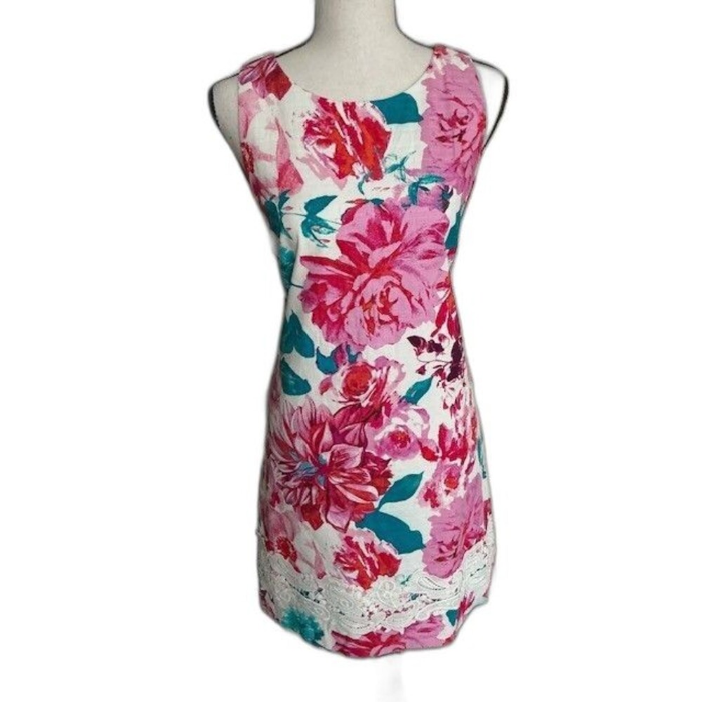 Eliza J Pink Blue White Floral Sleeveless Dress with lace trim Sz 10 ***